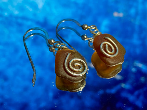 Brown Sea Glass Earrings with Silver Swirls