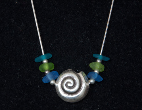 Blue and Green Sea Glass Necklace with Shell Pendant